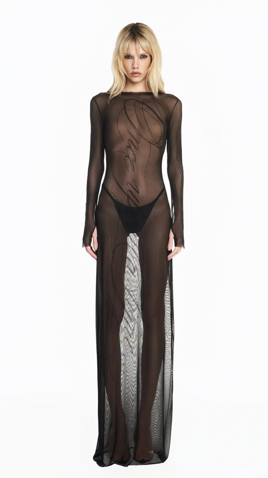 Vestido Longo Manga Longa Tule Preto Pedra One Upon a Time