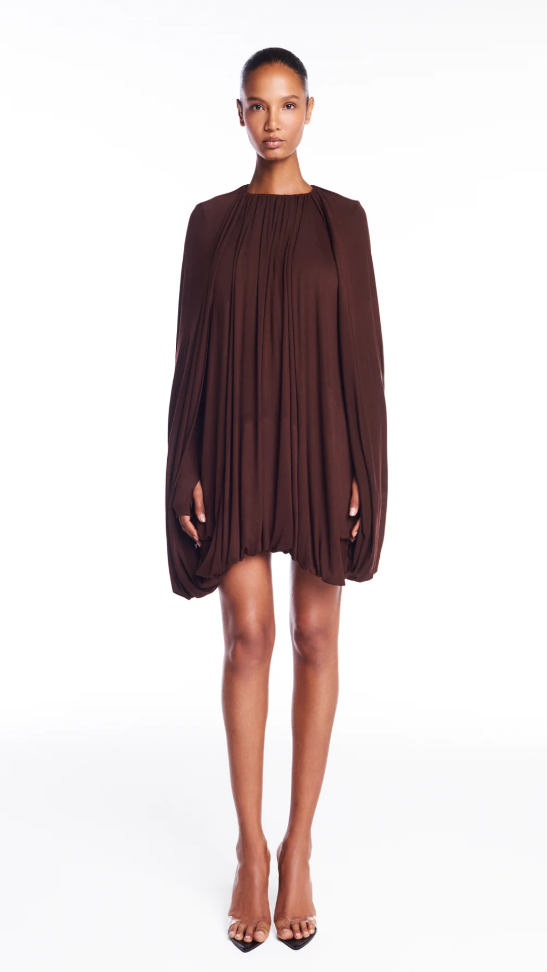 Vestido Curto Amplo Balonê Capa Malha Marrom