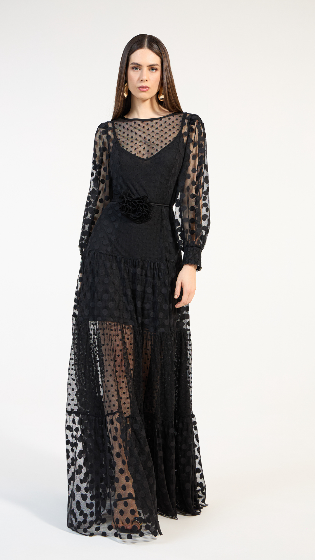 Vestido Longo Tule Poá Preto