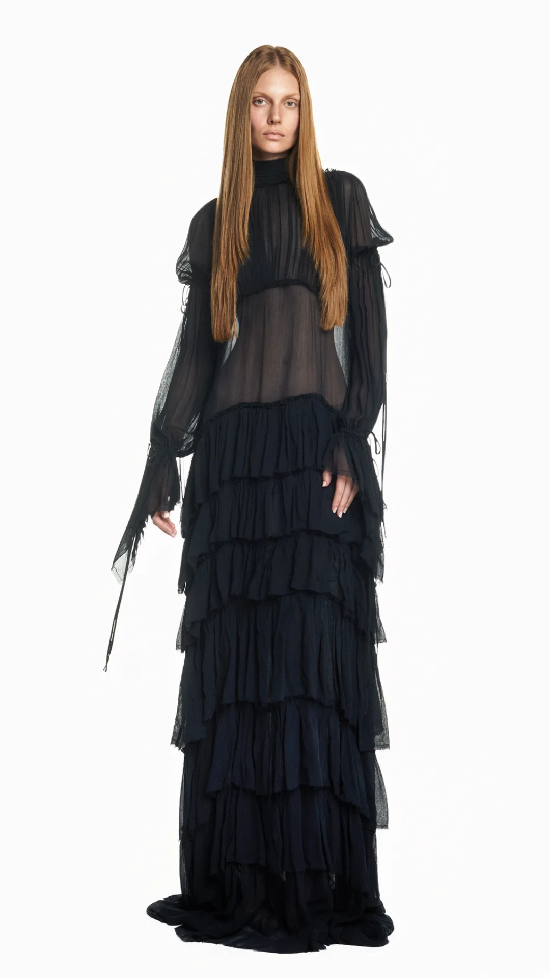 Vestido Longo Babados Manga Longa Chiffon com Corset Preto