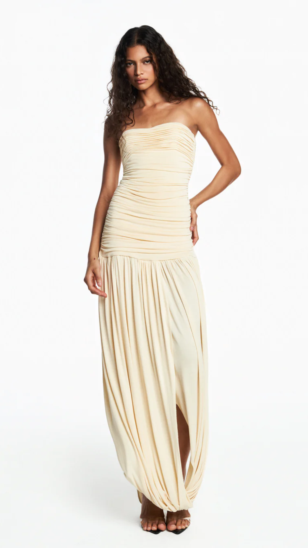 Vestido Tomara que Caia Corpo Drapeado Manteiga