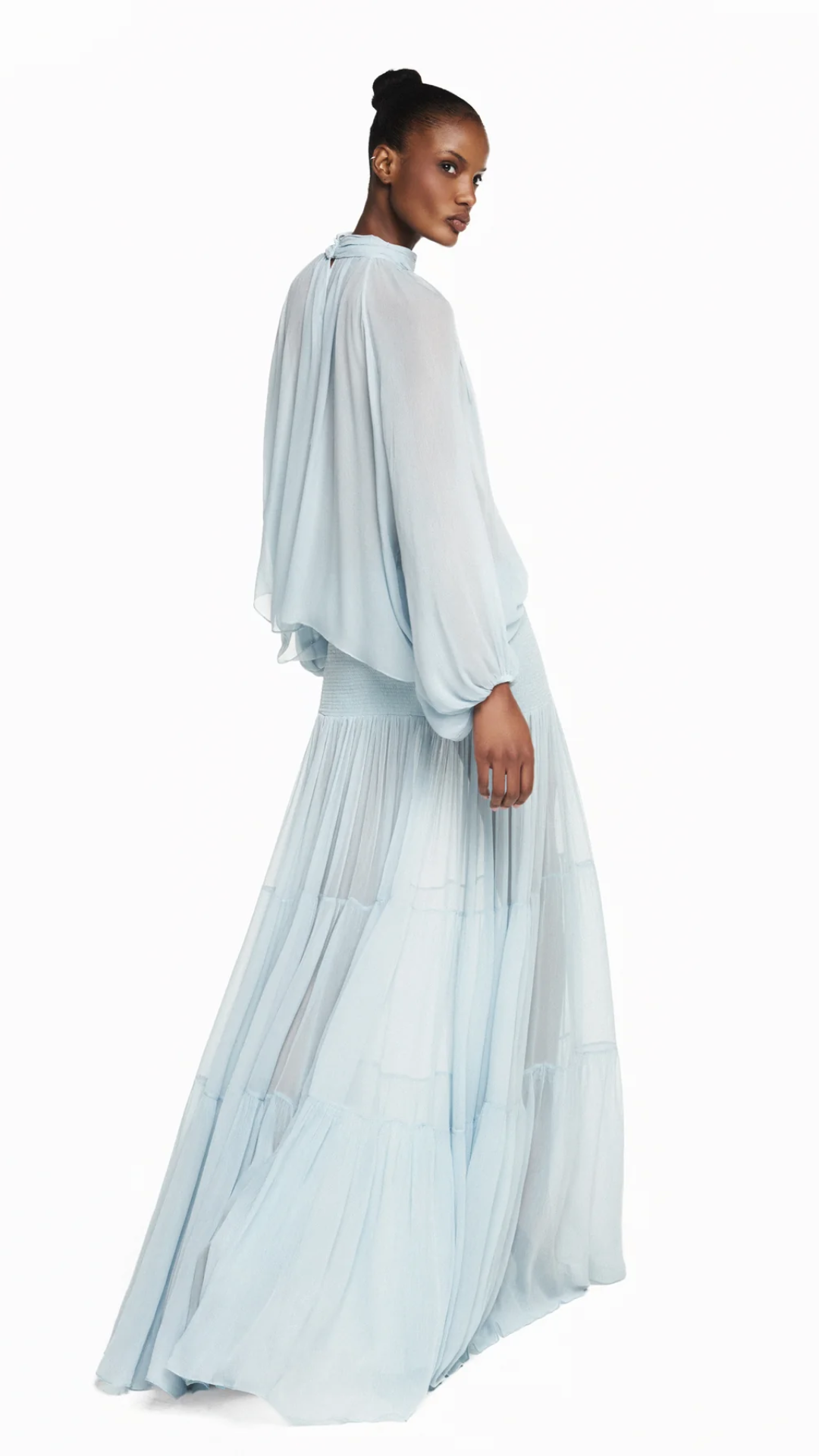 Blusa Manga Longa Gola Alta Chiffon Azul Claro