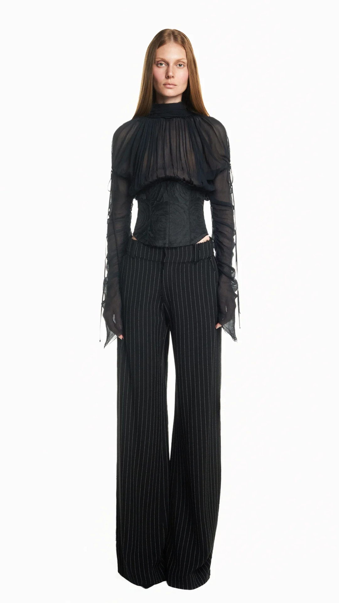 Blusa Manga Longa Frente Drapeada Chiffon com Corset Preto