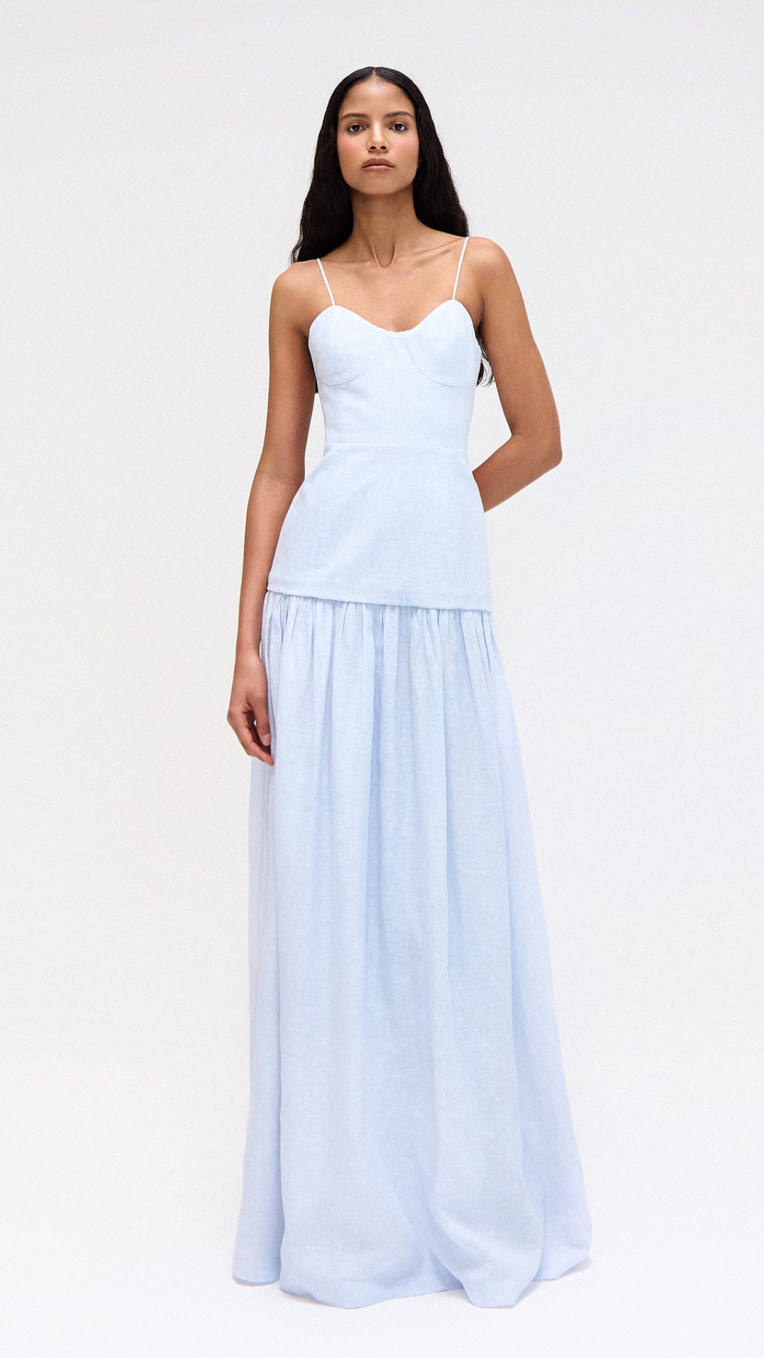 Vestido Longo Linho Listras Finas Azul Claro