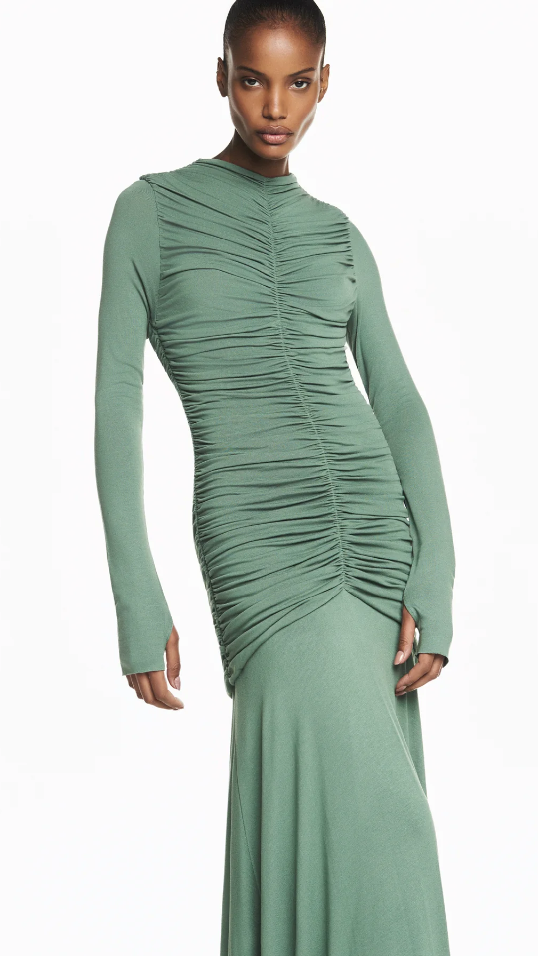 Vestido Longo Corpo Drapeado Manga Longa Malha Verde