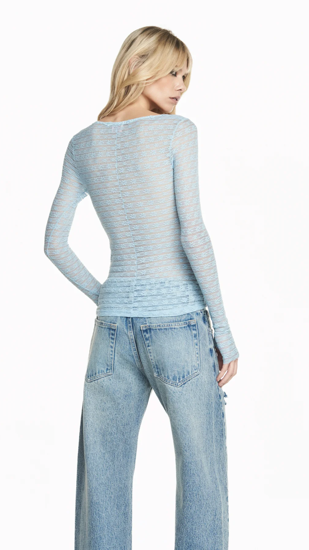 Blusa Manga Longa Renda Florzinha Azul e Tule Bege
