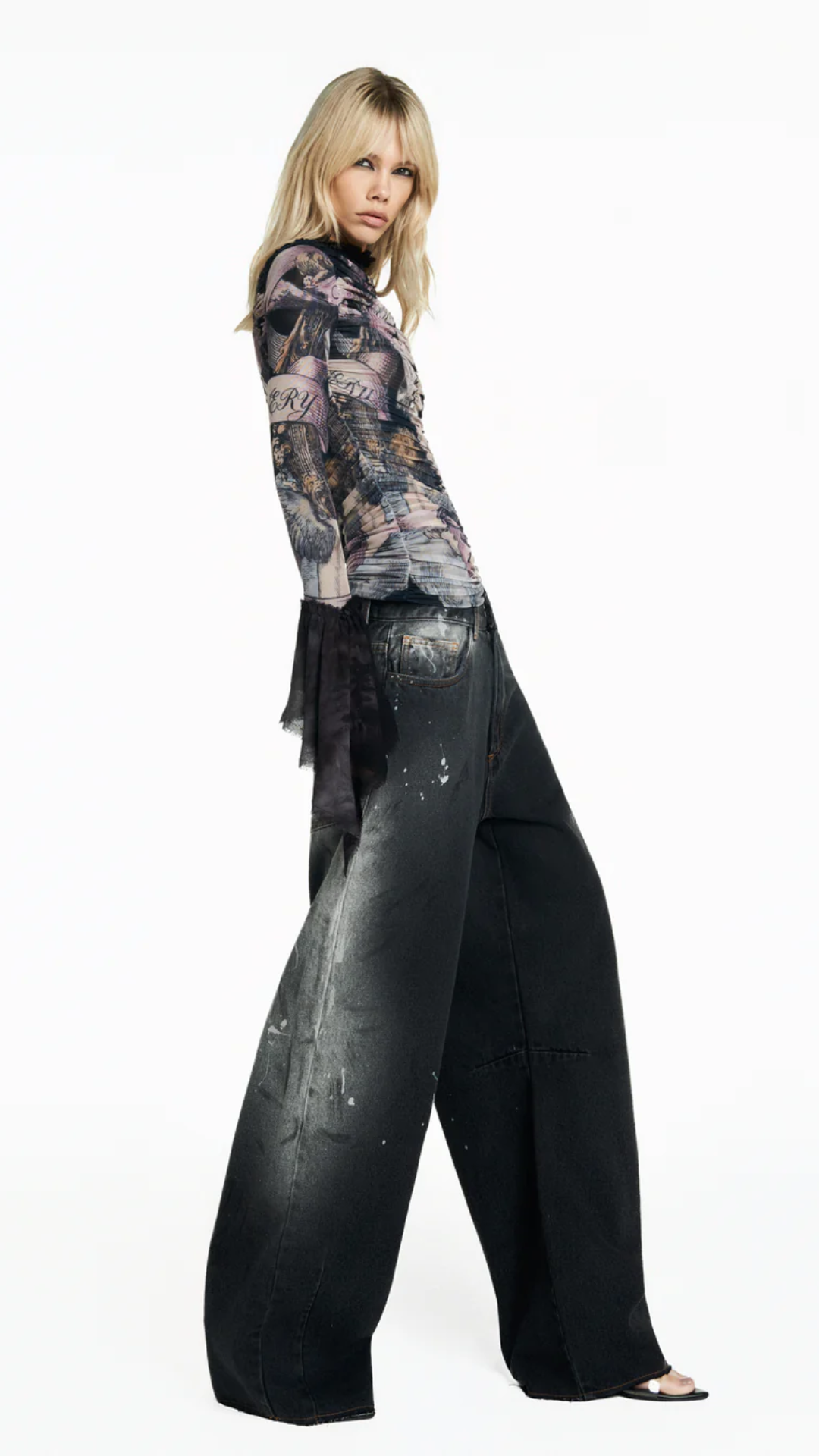 Blusa Drapeada Manga Longa Tule Angel Preto