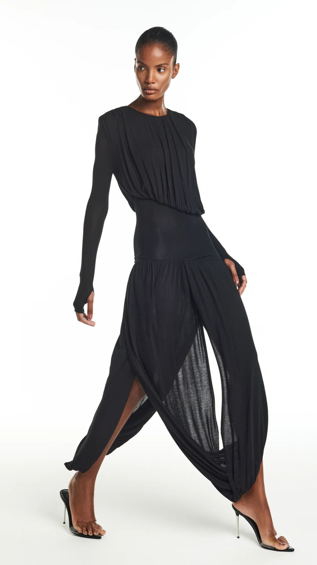 Vestido Longo Manga Longa Drapeado Preto