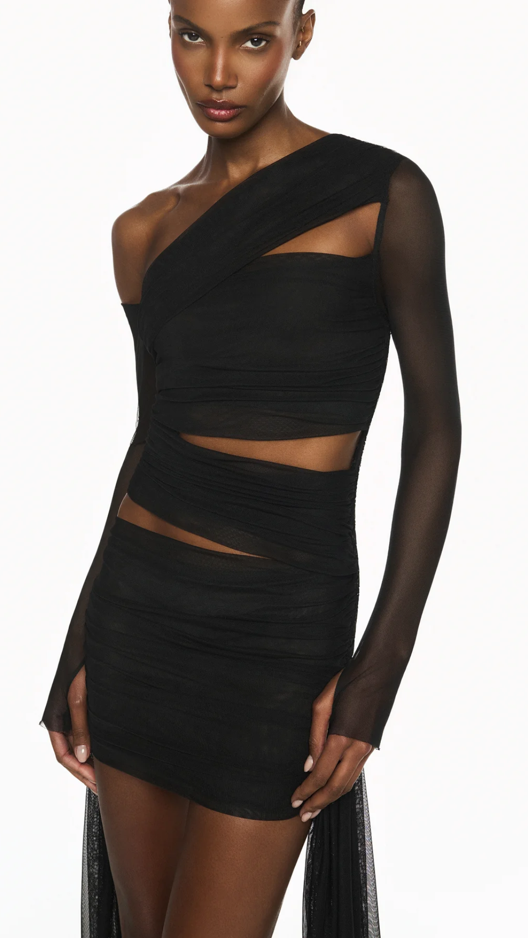 Vestido Curto Transpasses Manga Longa Tule Preto