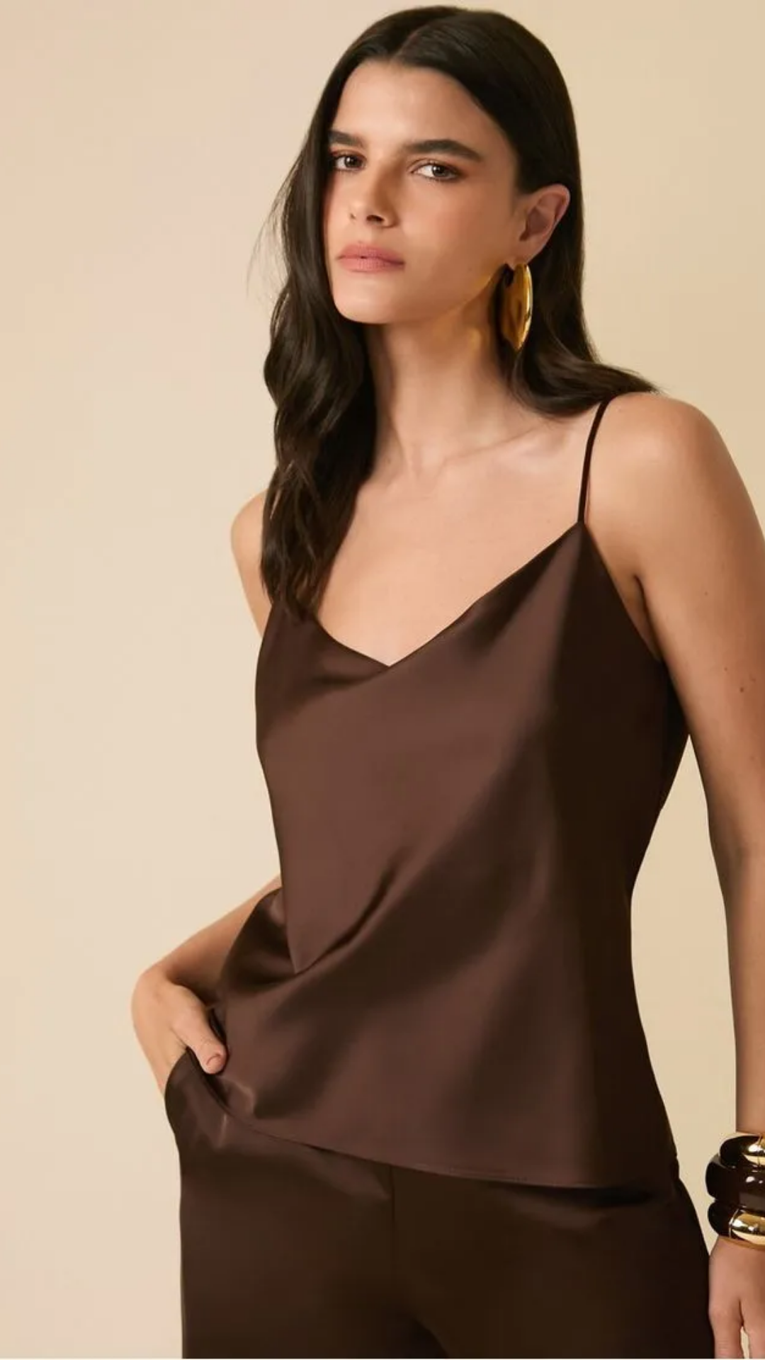 Conjunto Acetinado Marrom Blusa e Calça