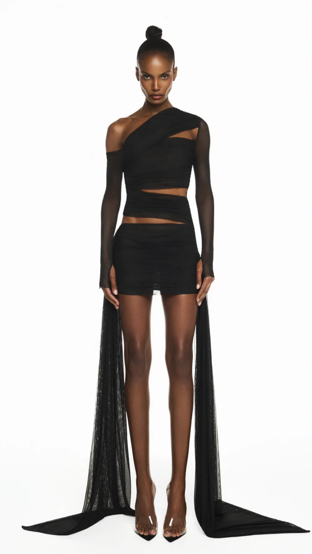 Vestido Curto Transpasses Manga Longa Tule Preto