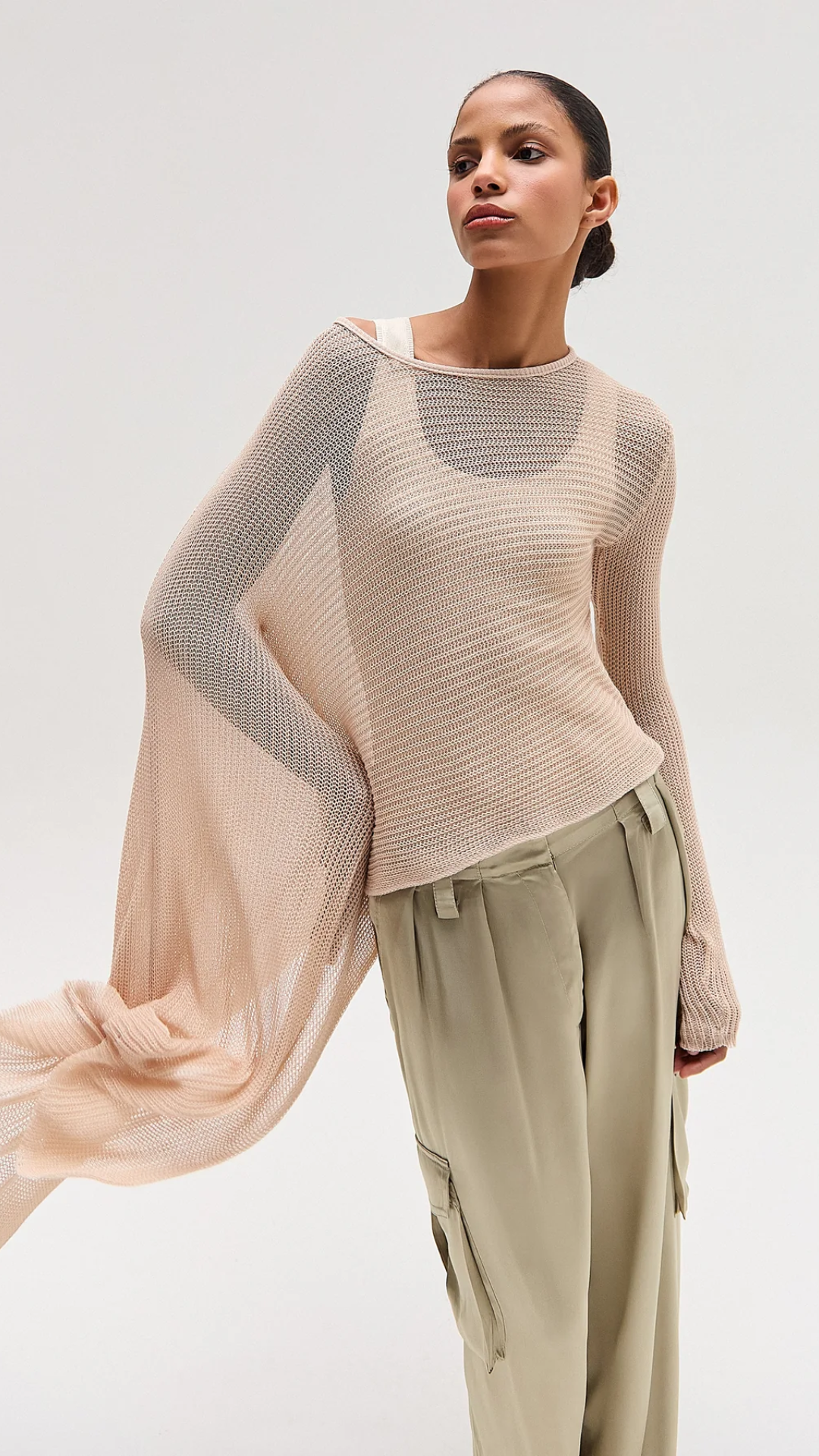 Blusa Tricot Manga Kaftan Bege
