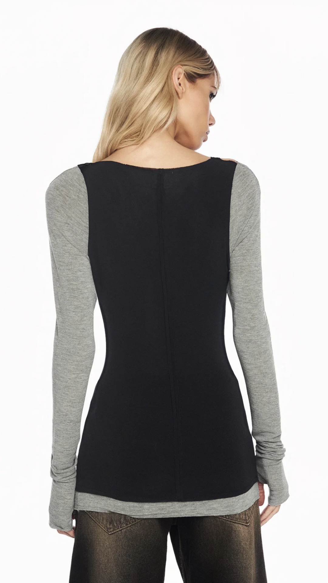 Blusa Manga Longa Bicolor Malha Preta e Cinza Mescla