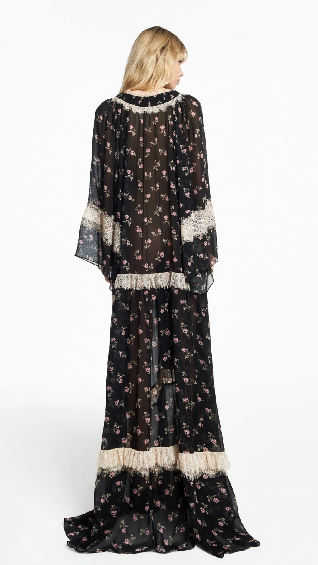 Vestido Longo Decote V Manga Longa Chiffon Floral Preto com Renda