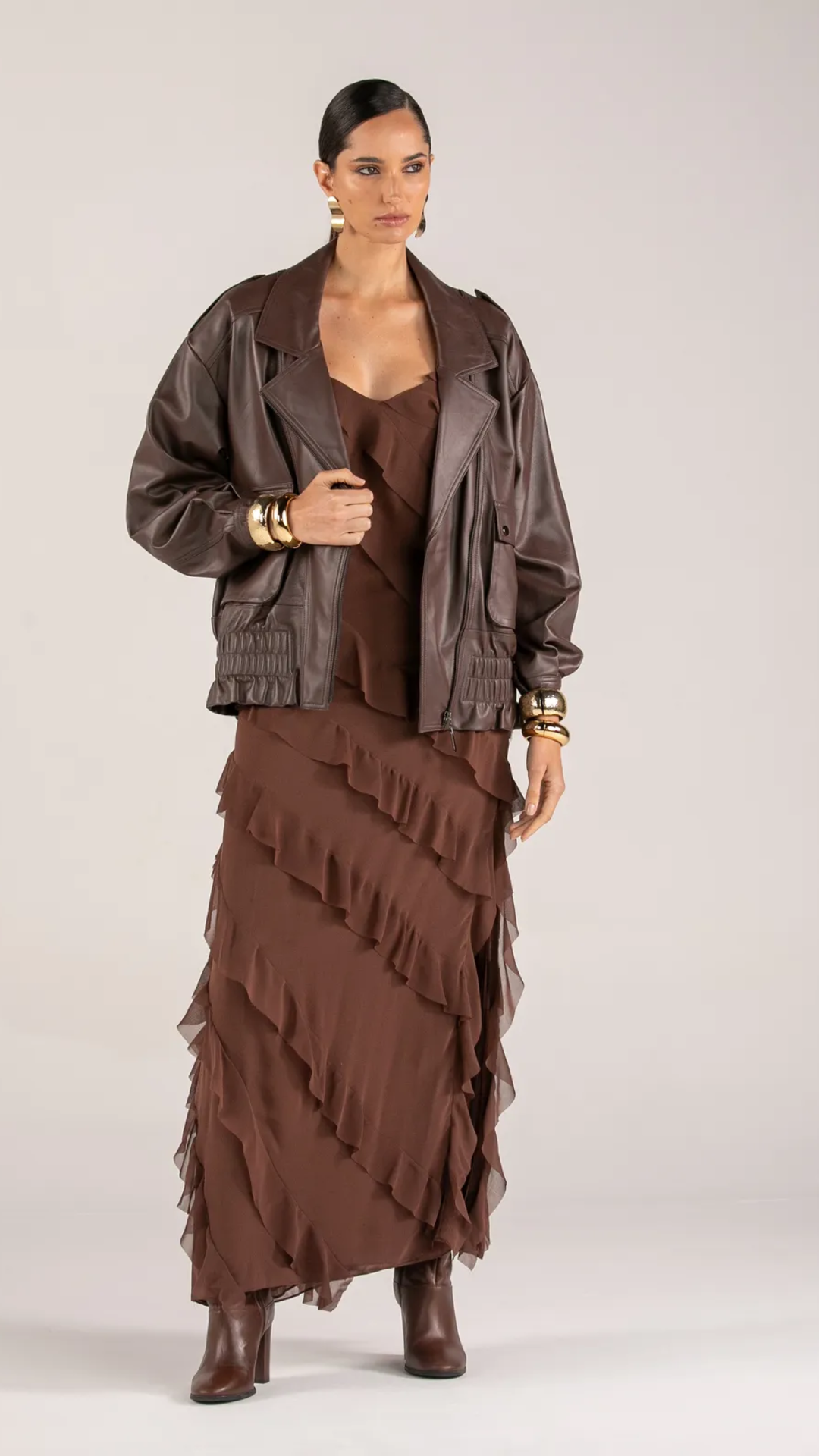 Jaqueta Bomber Oversized Maxi Bolsos Marrom