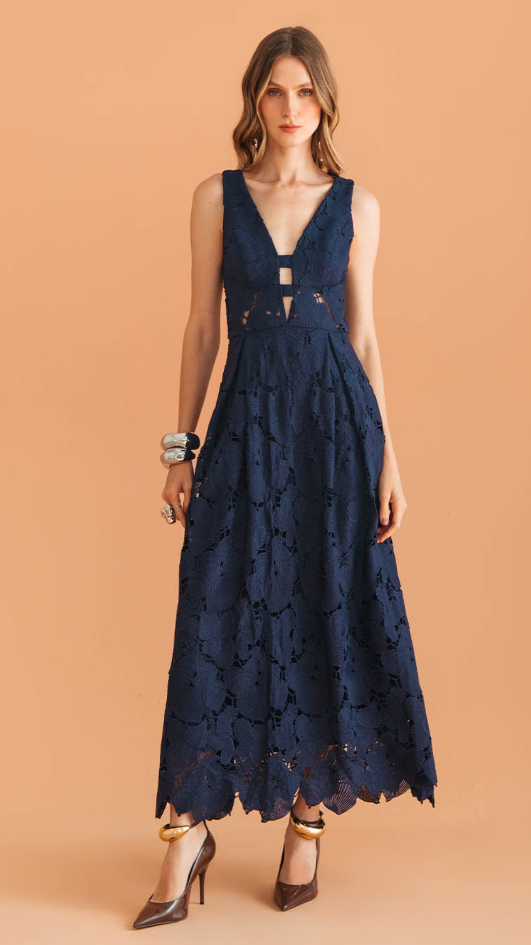 Vestido Midi Renda Conchas Azul Darkness