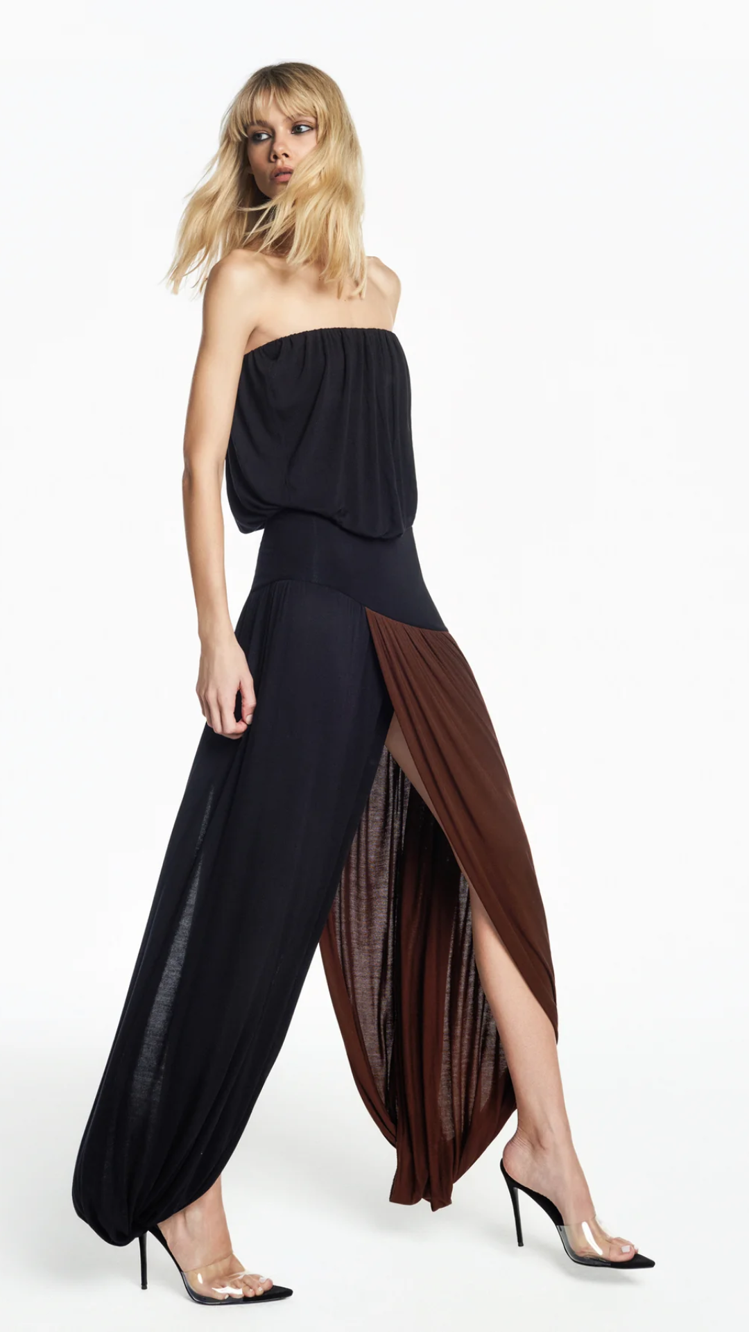 Vestido Bicolor Tomara que Caia Saia Torcida Corpo Drapeado Pala Cintura Malha Marrom e Preto