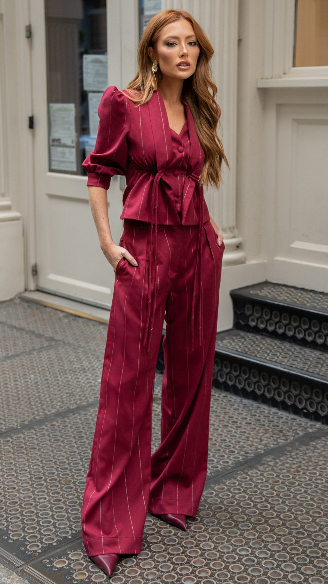 Conjunto de Alfaiataria Risca de Giz com Fio de Lurex Carménère