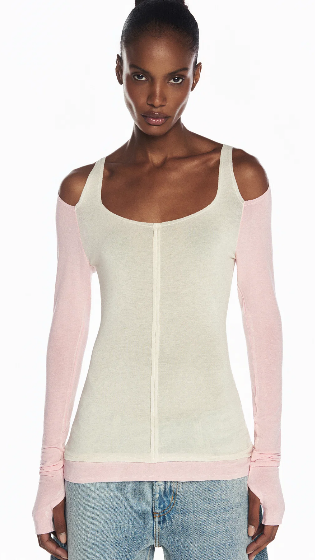 Blusa Manga Longa Bicolor Malha Bege e Rosa