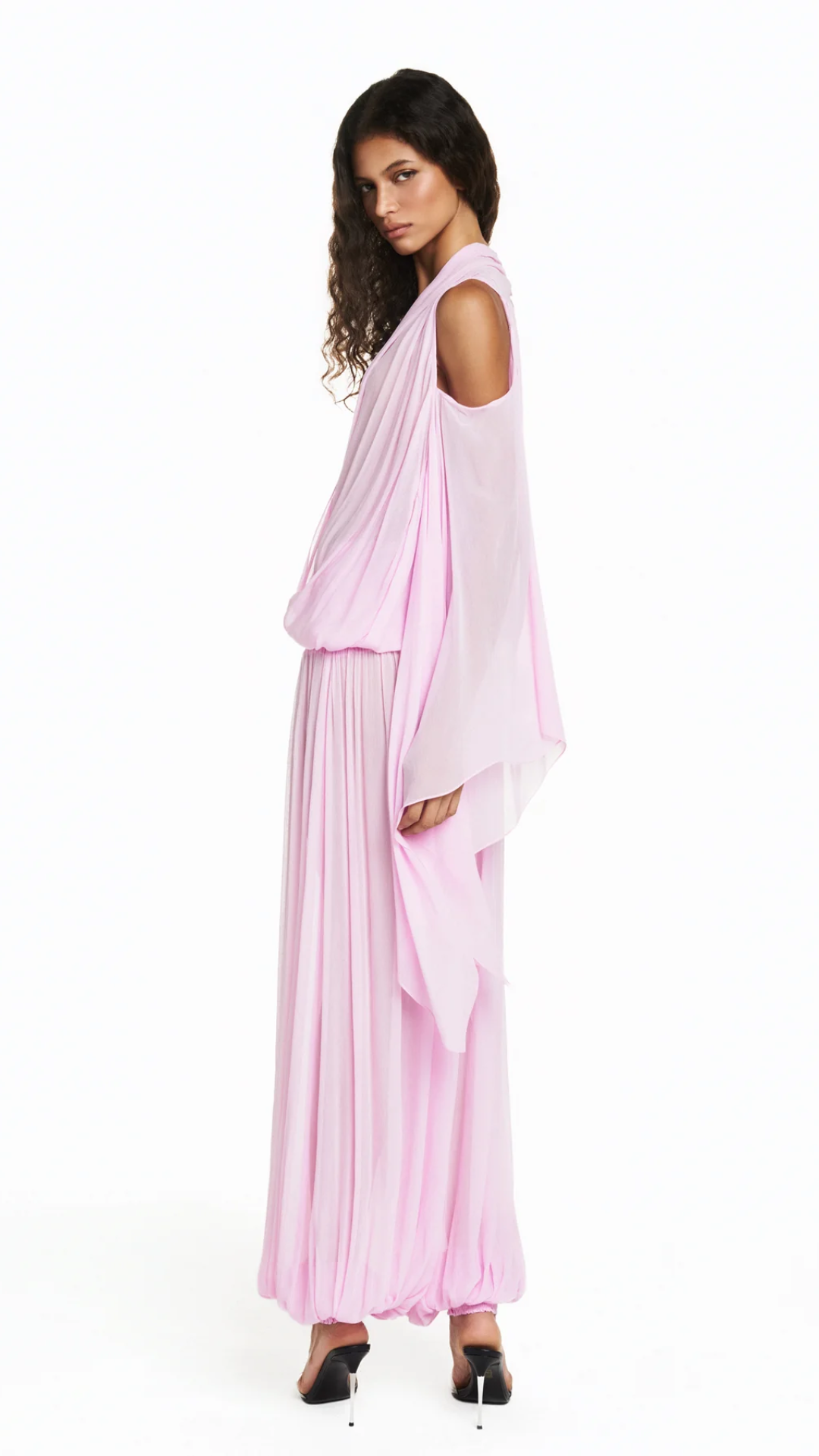 Blusa Decote Transpasse Elástico Cintura Manga Ampla Chiffon Rosa