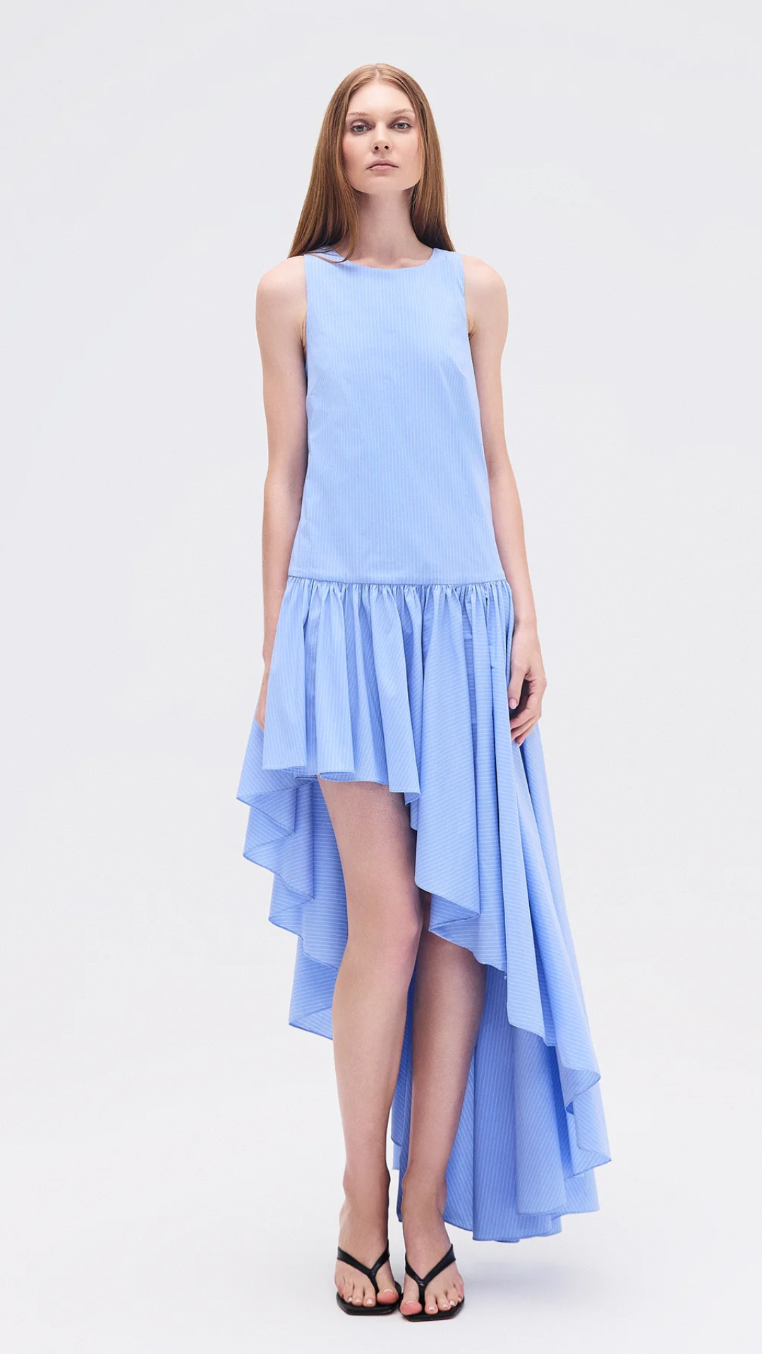 Vestido Saia Godê Assimétrica Listras Azuis
