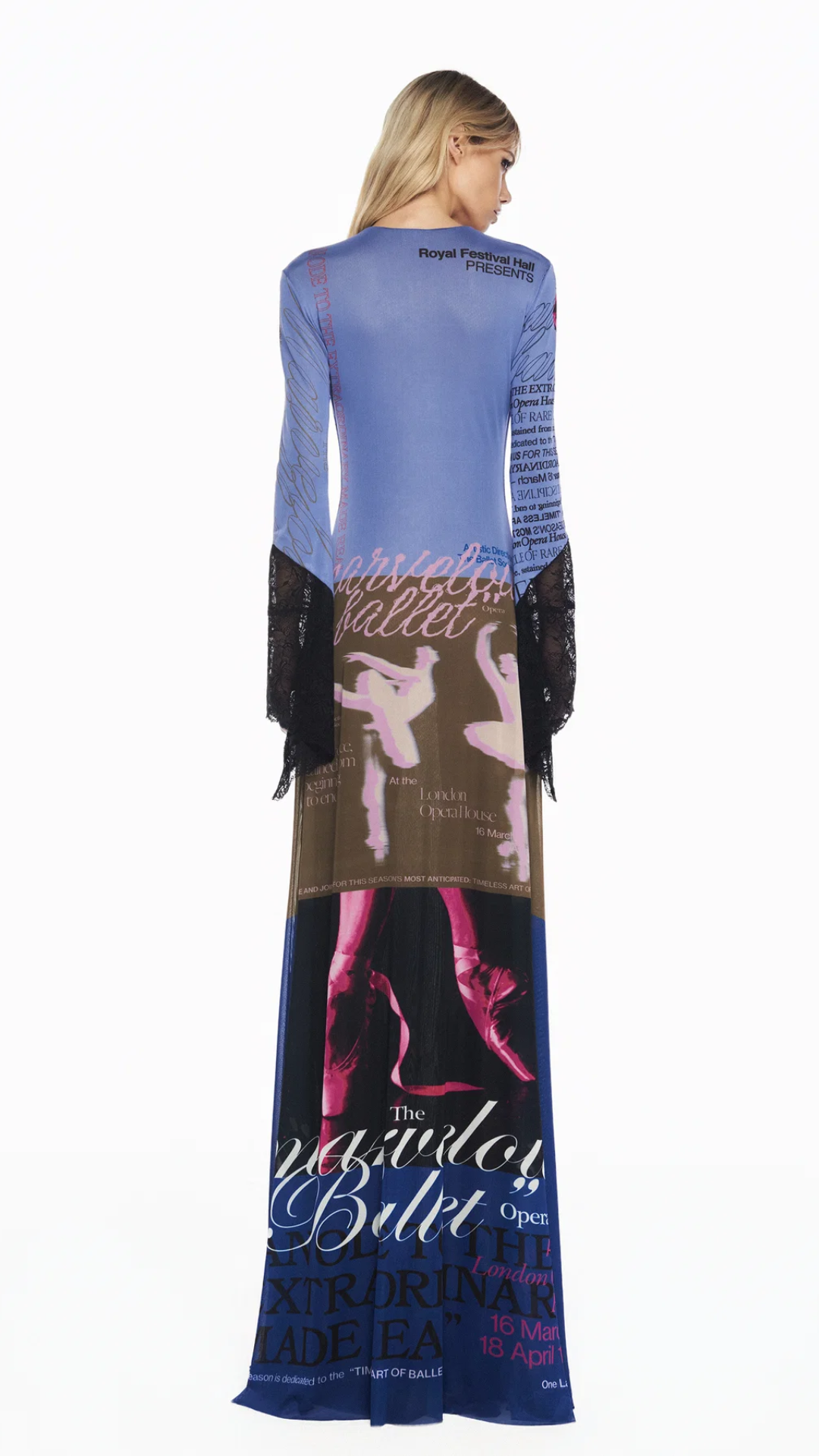 Vestido Longo Manga Longa Tule e Renda Ballet Laço