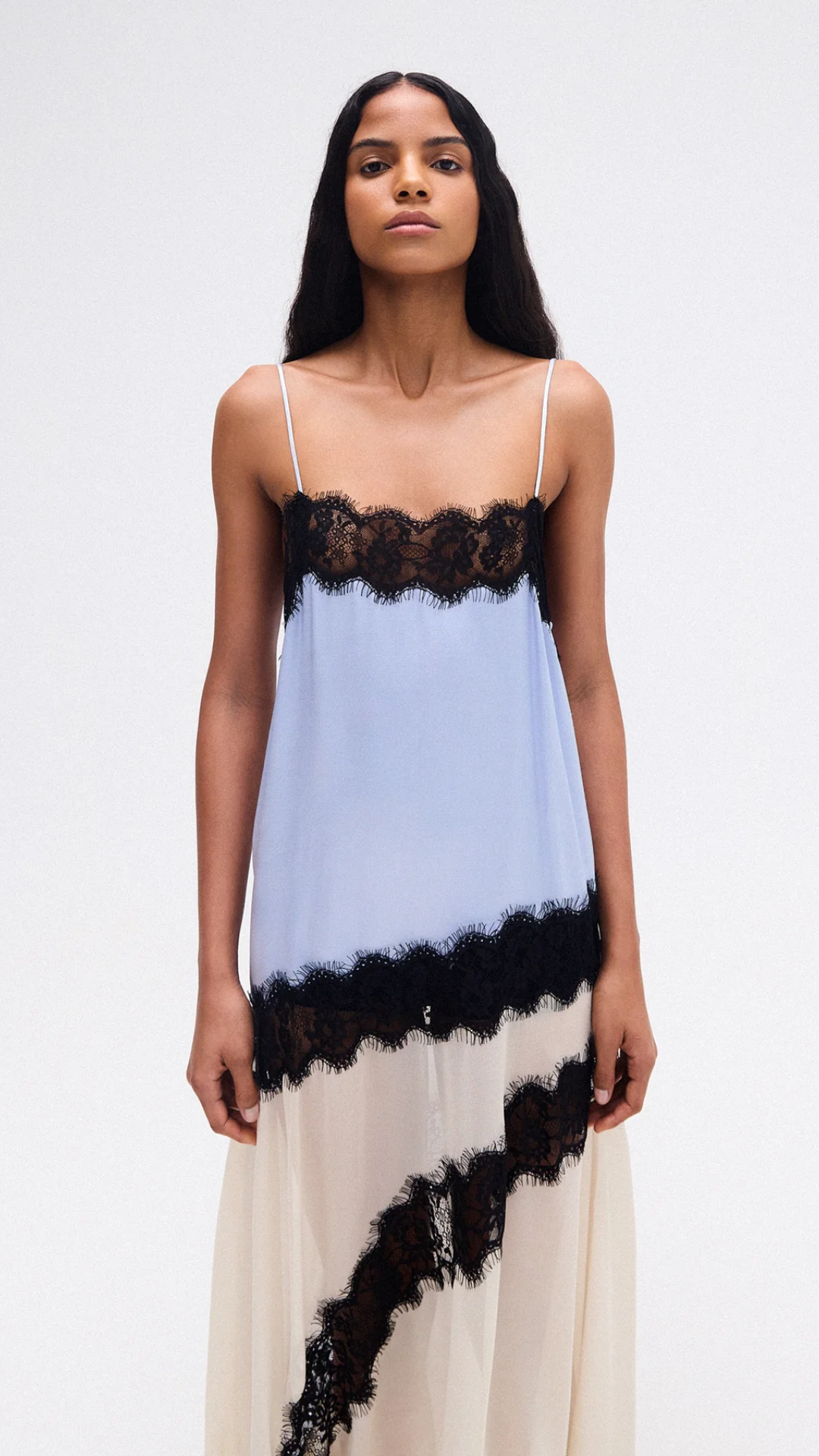 Vestido Longo Cetim Azul e Bege Renda Preta