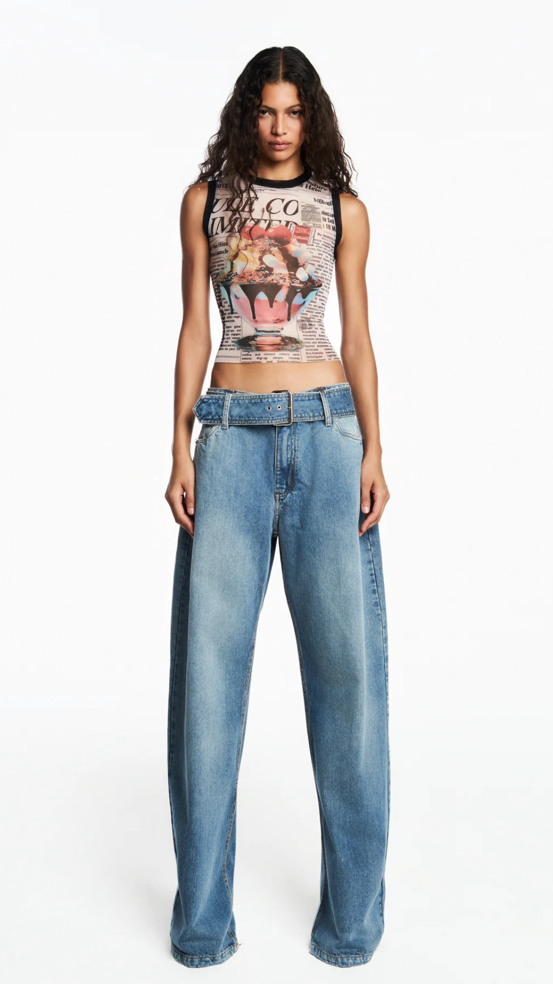 Calça Jeans Perna Larga Cinto Cintura