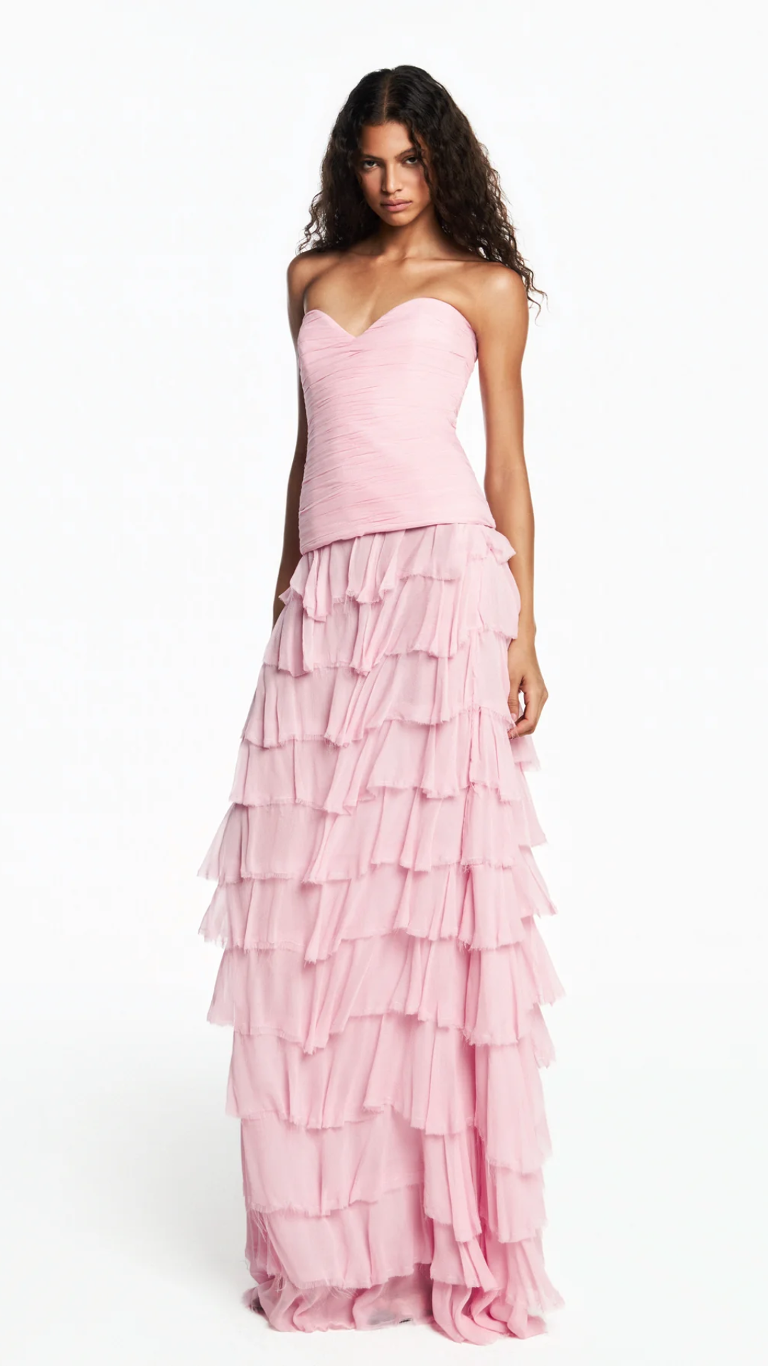 Saia Longa Babados Chiffon Rosa