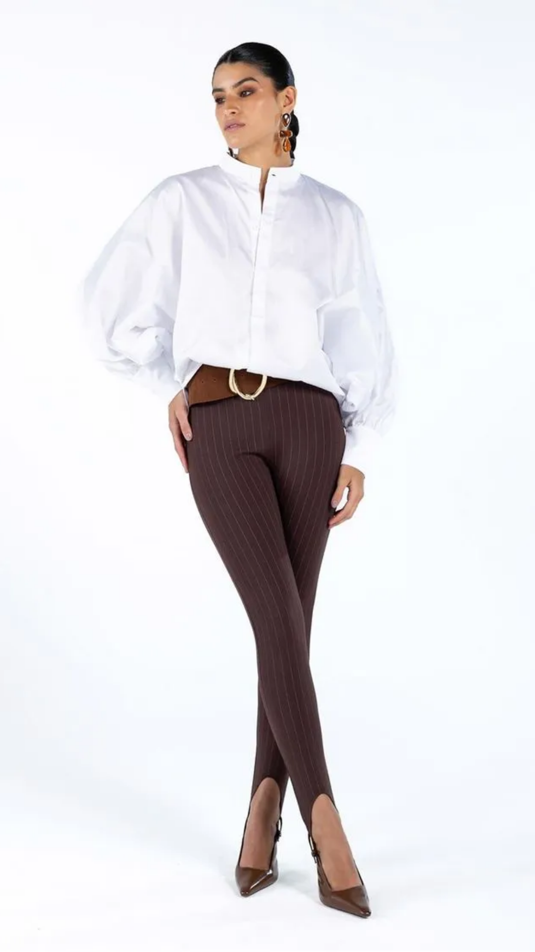 Calça Legging Fuseau Marrom Risca de Giz