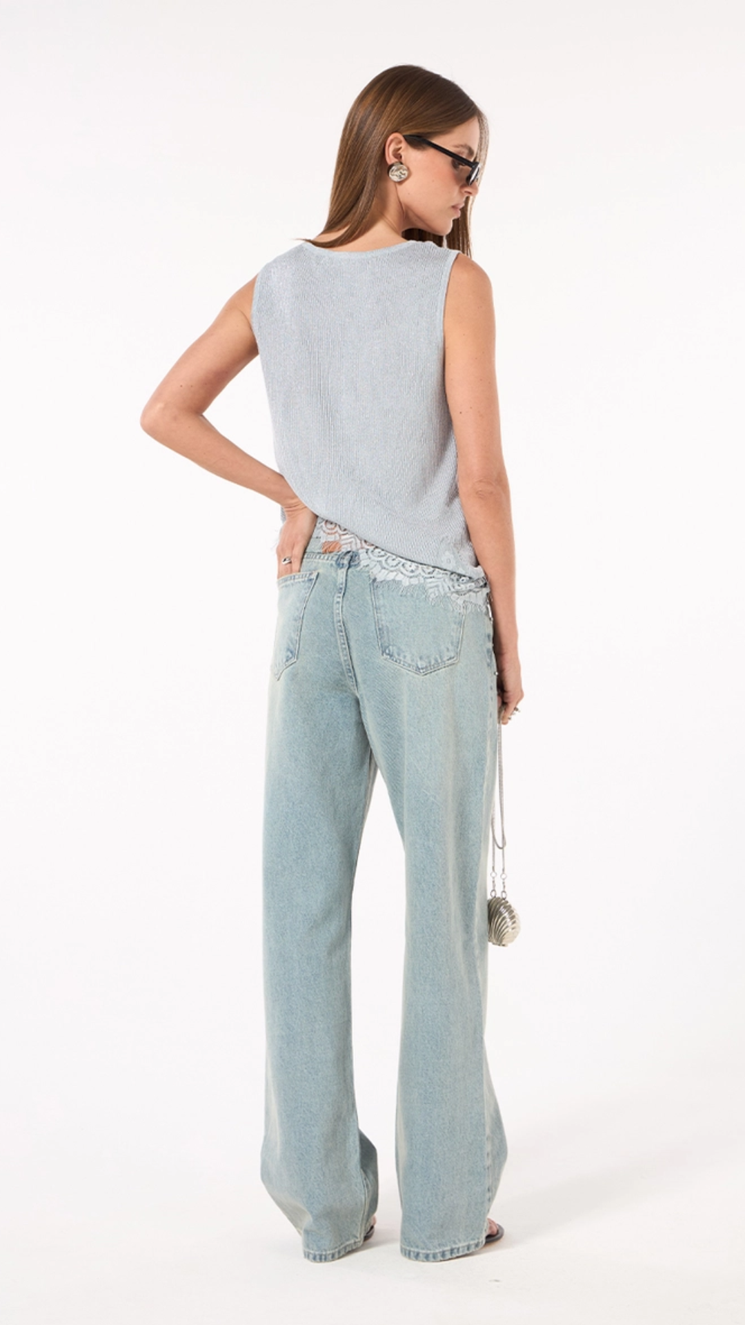 Calça Jeans Reta Bordada Azul