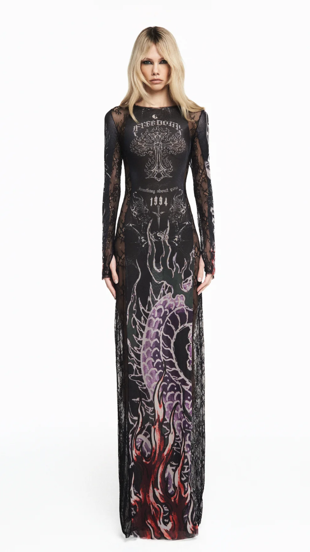 Vestido Longo Manga Longa Tule e Renda Tattoo Dragão