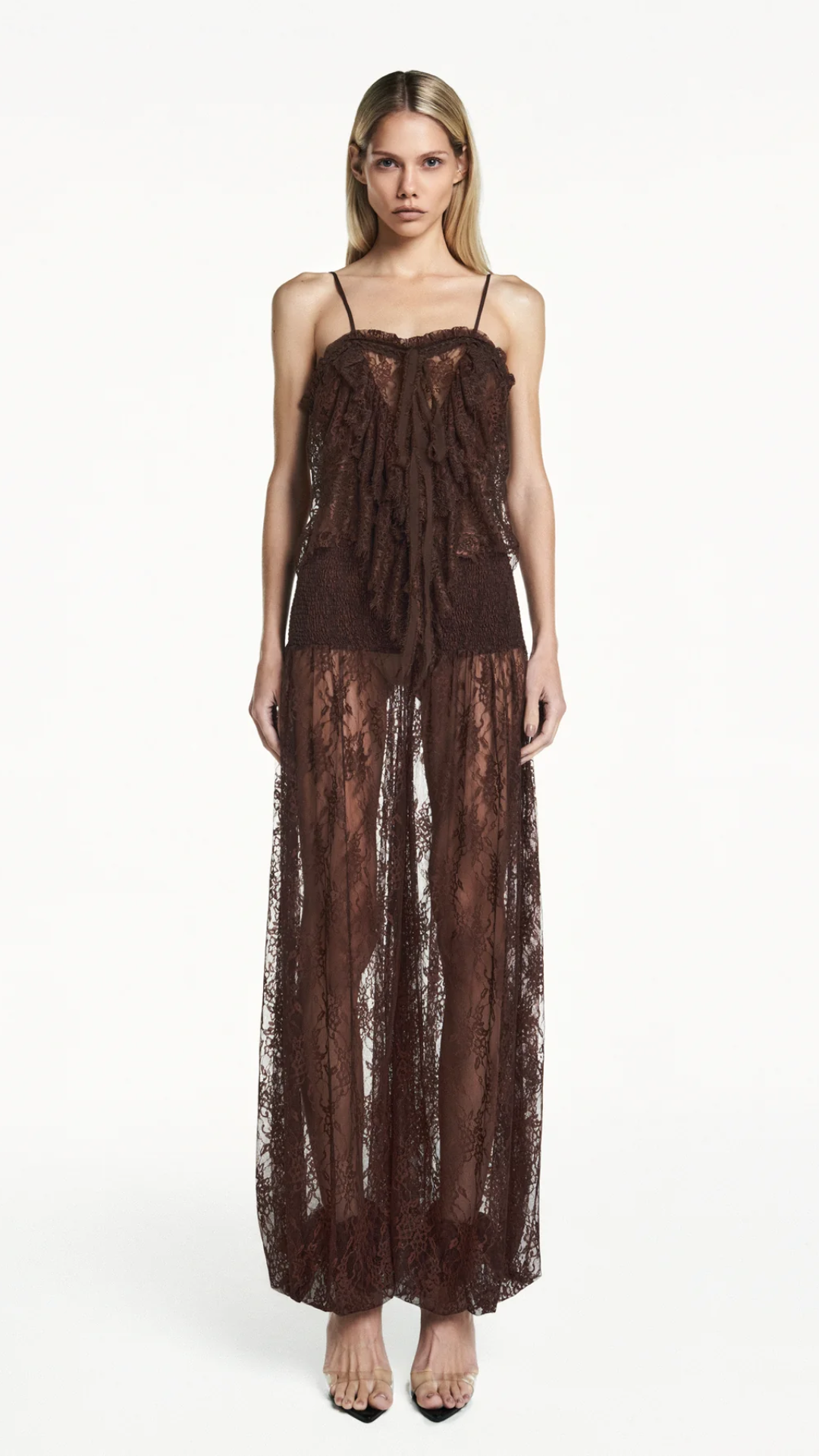 Regata Alça Babados Frontais Marrom