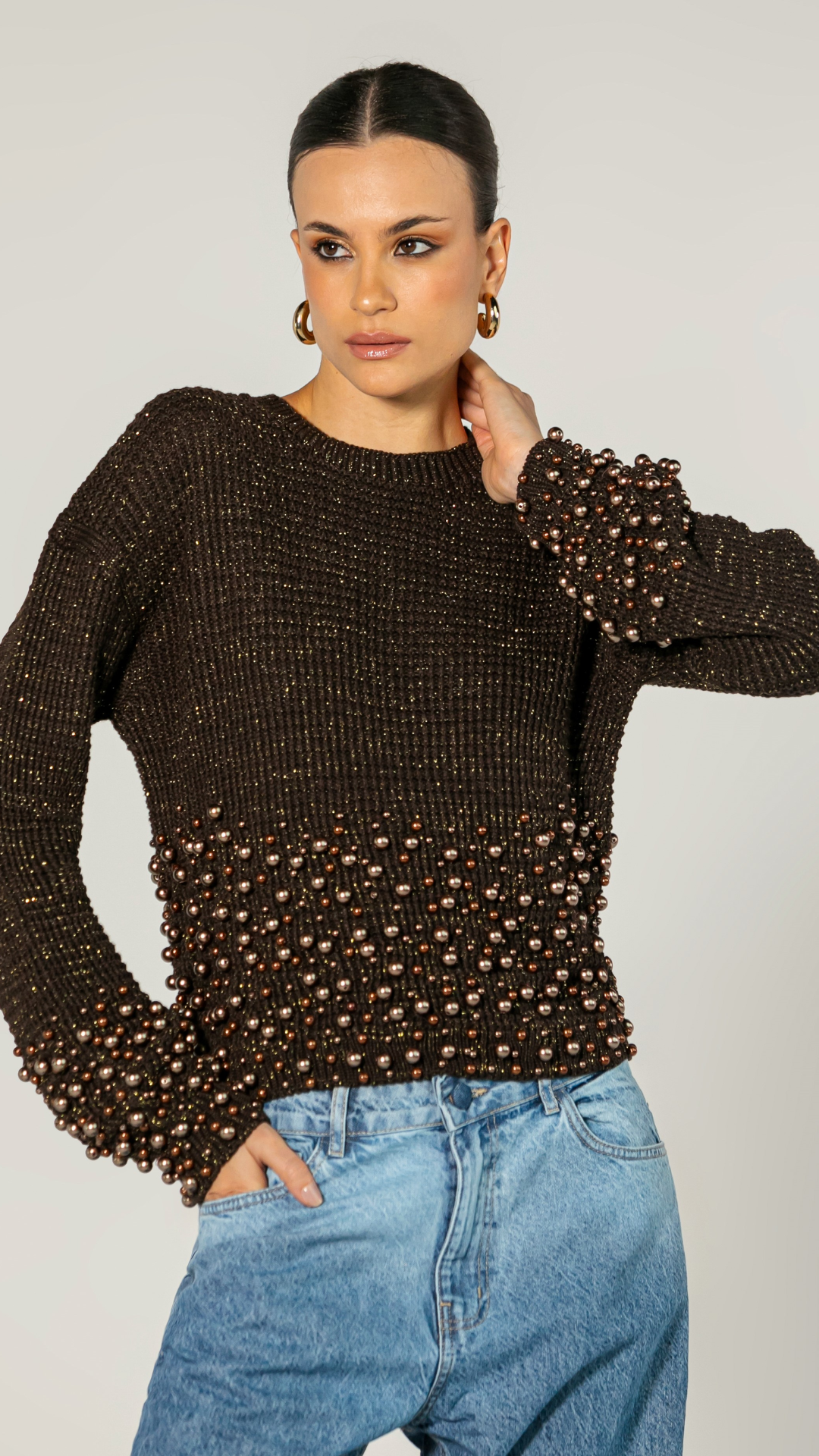 Blusa Tricot Manga Longa Marrom