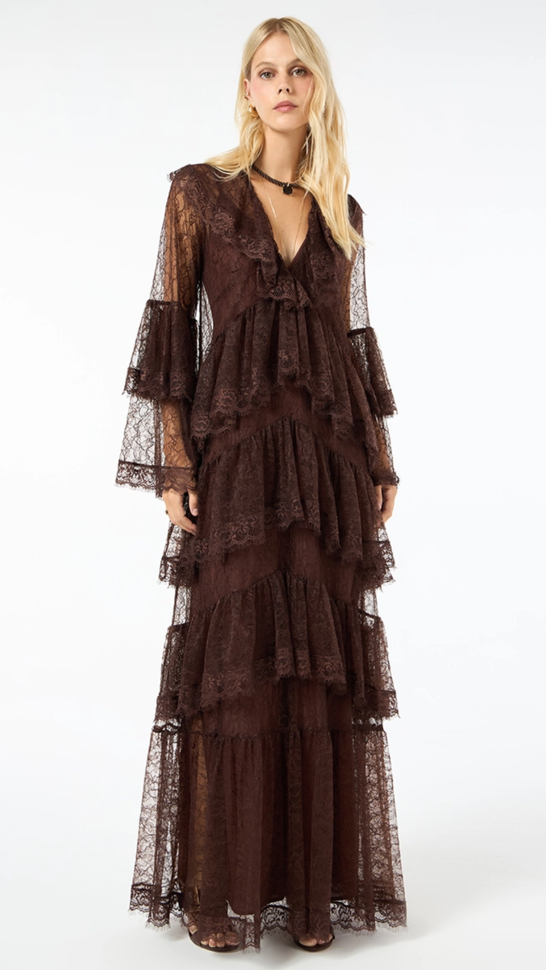 Vestido Longo Renda Babados Marrom Netherla