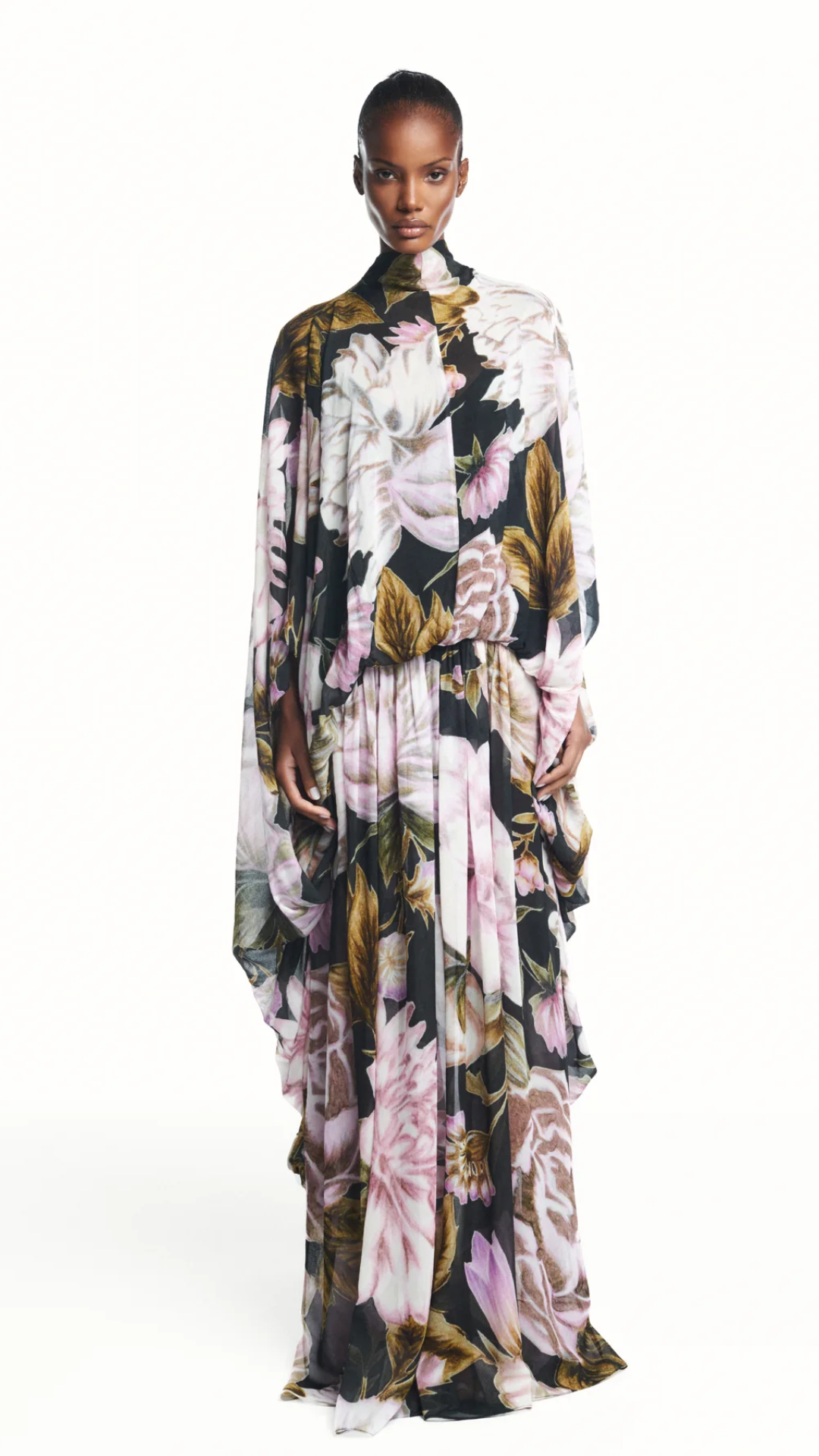 Vestido Longo Amplo Capa Floral Preto