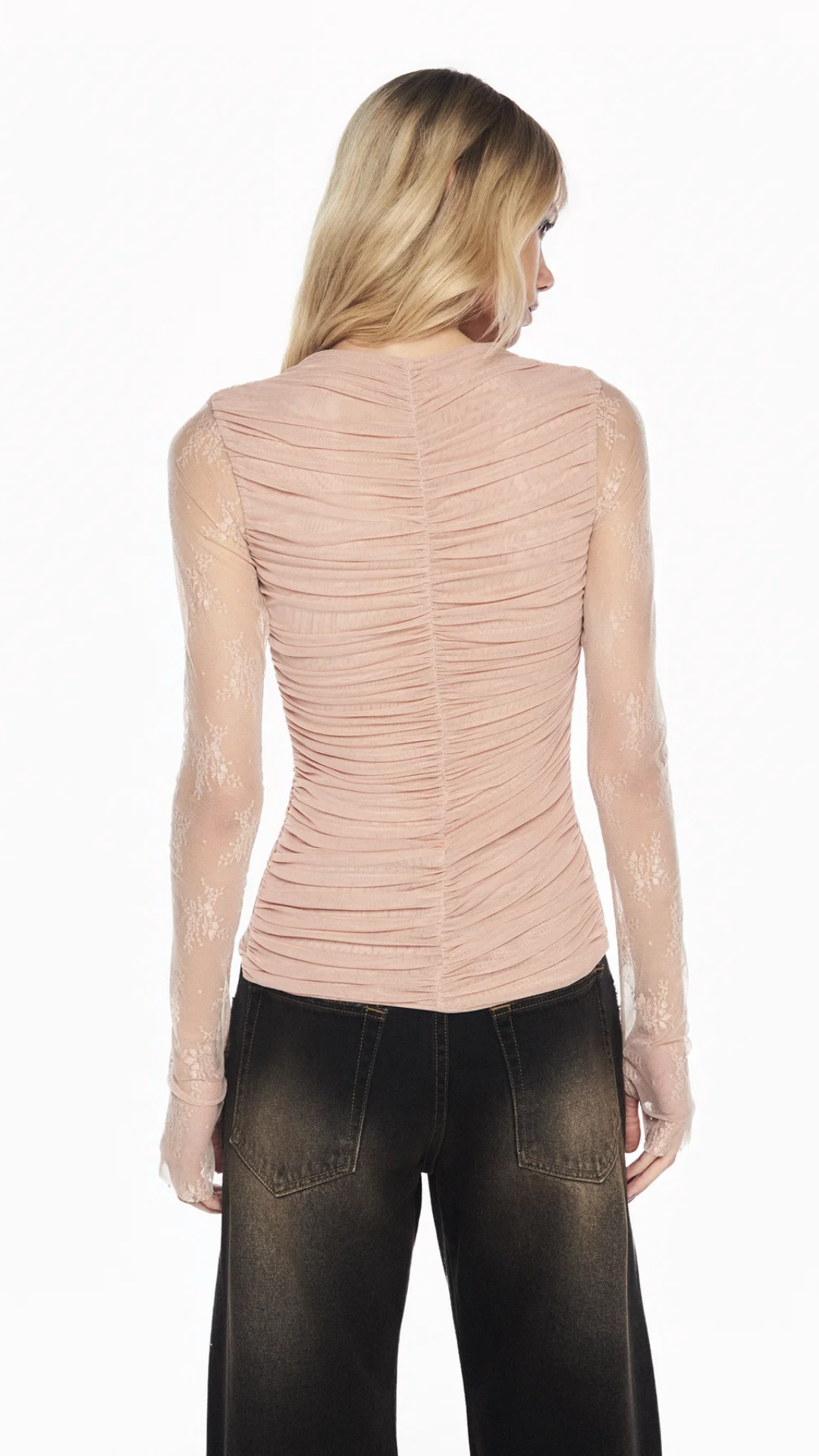 Blusa Manga Longa Renda Corpo Drapeado Tule Rosa