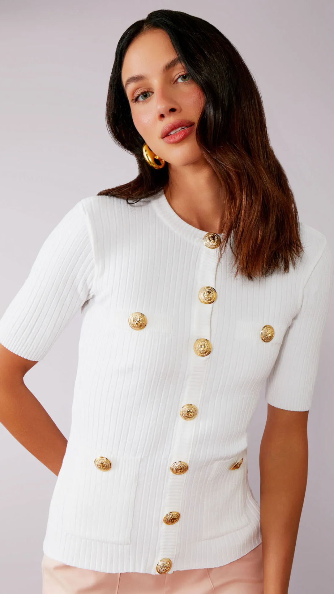 Blusa Tricot Canelada Botões Lion Off White