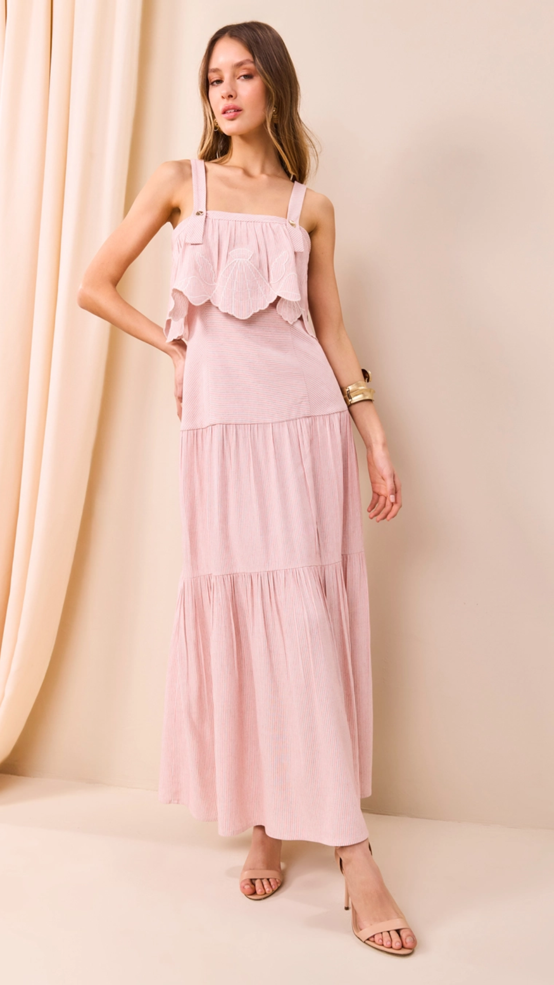 Vestido Maxi Midi Bordado Off/Rosa