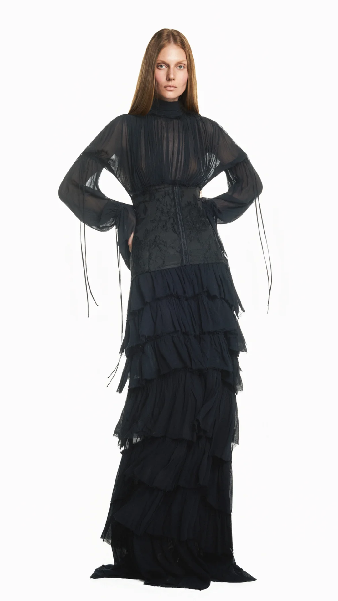 Vestido Longo Babados Manga Longa Chiffon com Corset Preto