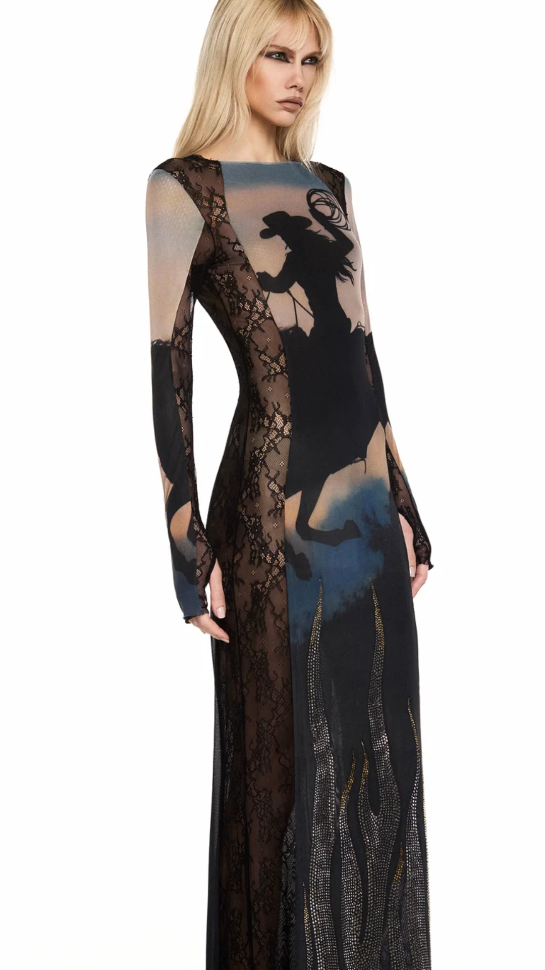 Vestido Longo Manga Longa Tule e Renda Wild Fire
