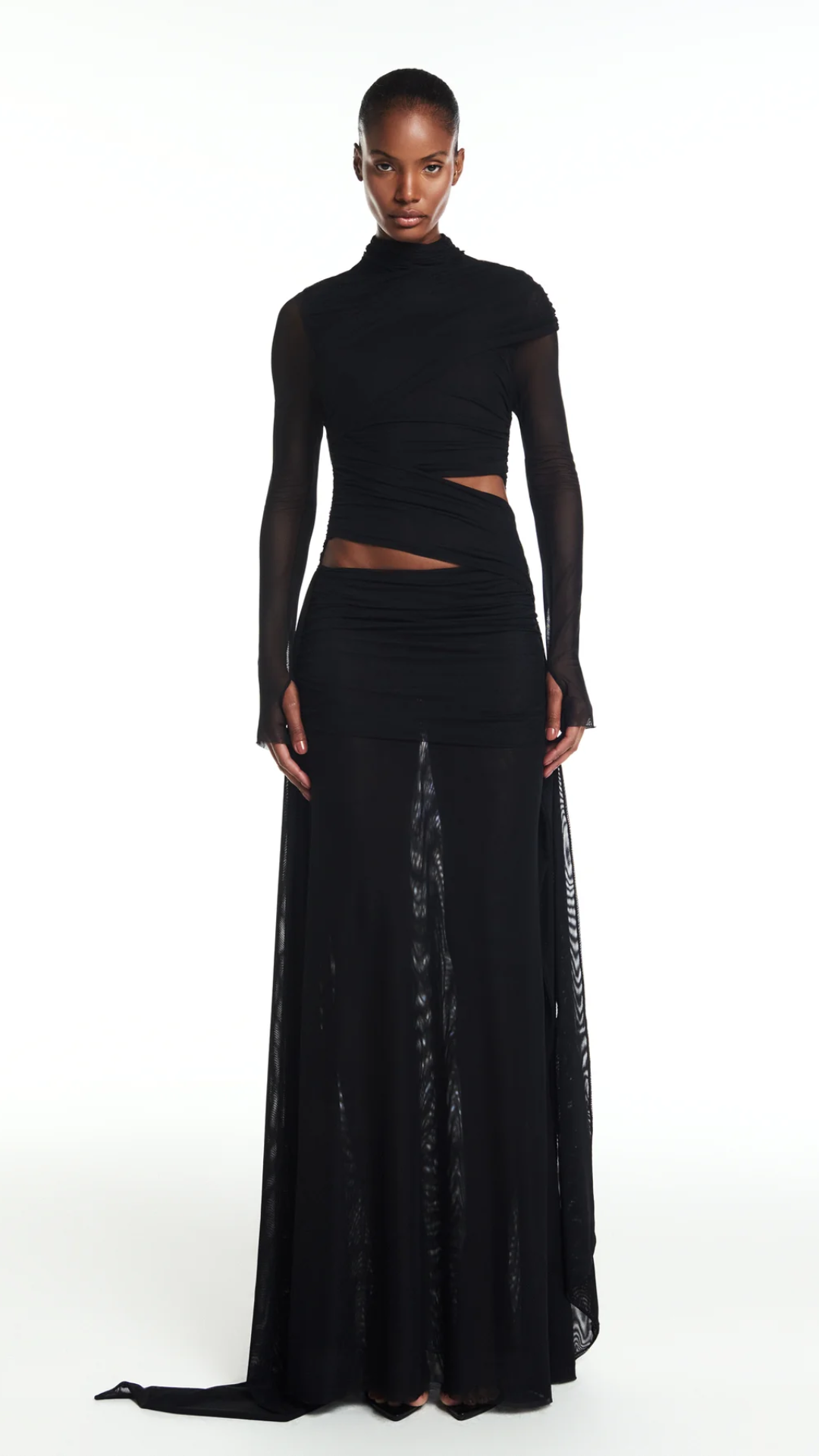 Vestido Longo Gola Alta Manga Longa Transpasse Tule Preto