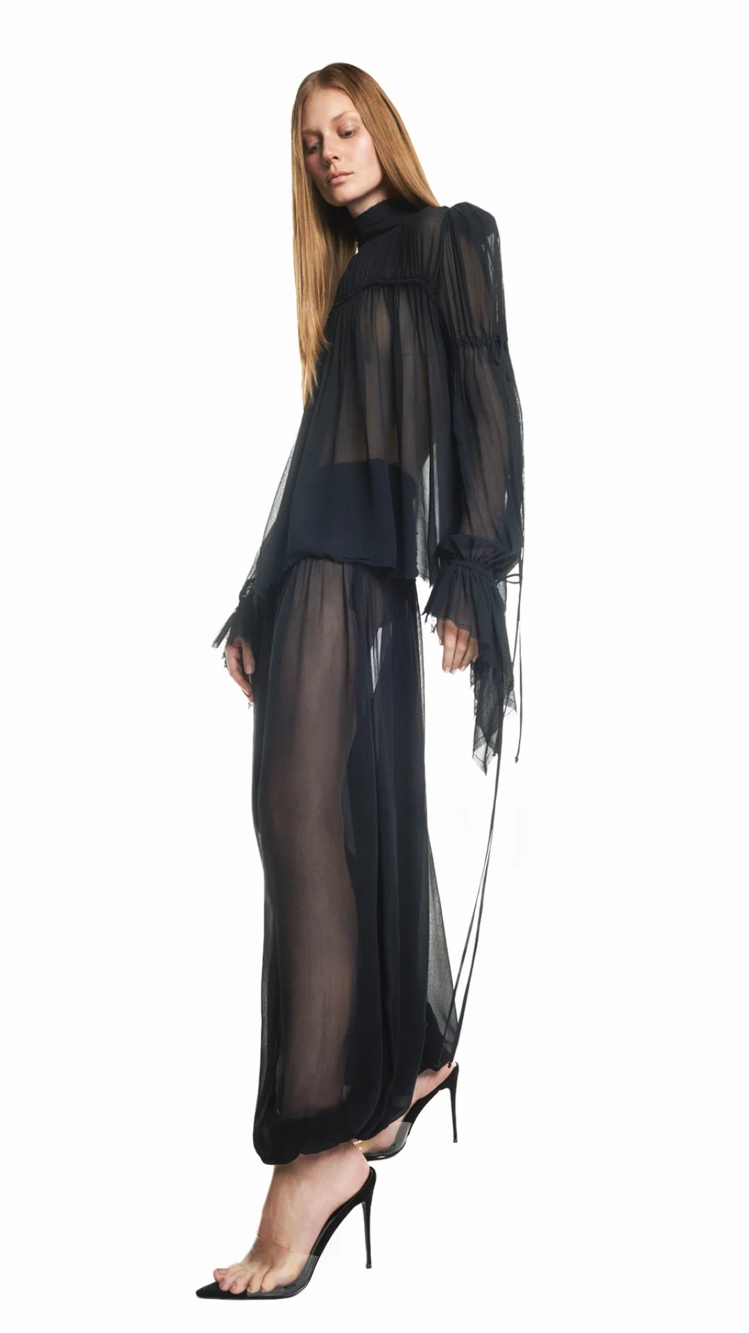 Calça Pala Drapeada Elástico na Barra Chiffon Preto