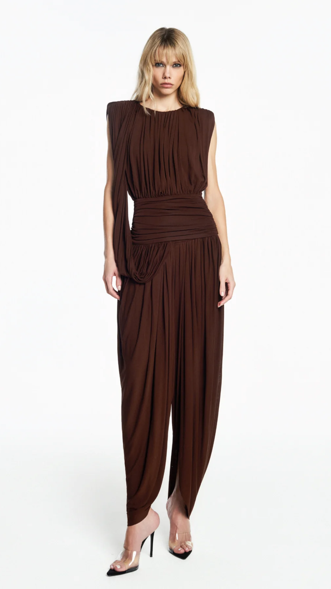 Calça Pala Drapeada Perna Ampla Malha Marrom