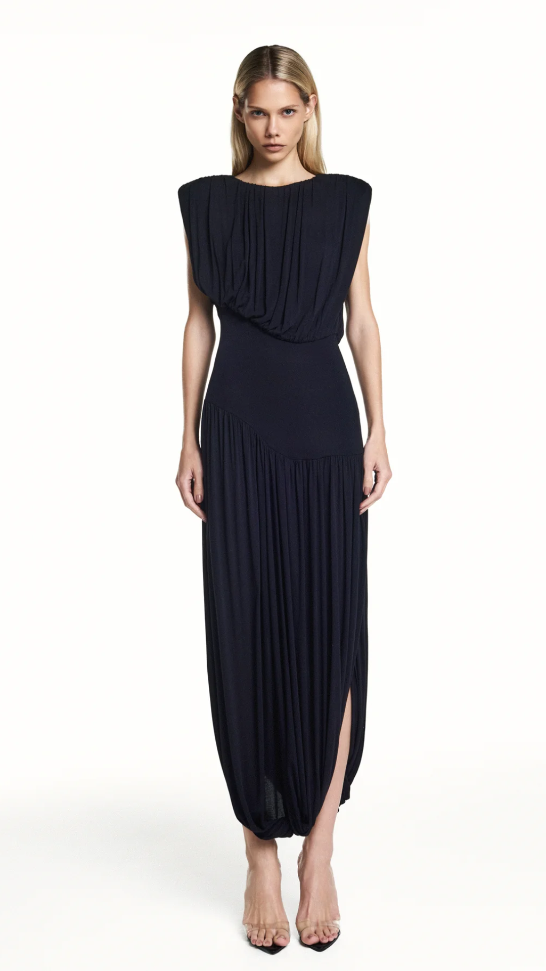 Vestido Longo sem Manga Drapeado Preto