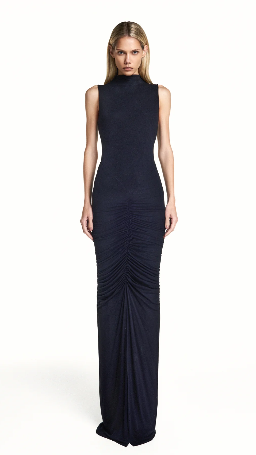 Vestido Longo sem Manga Saia Drapeada Preto