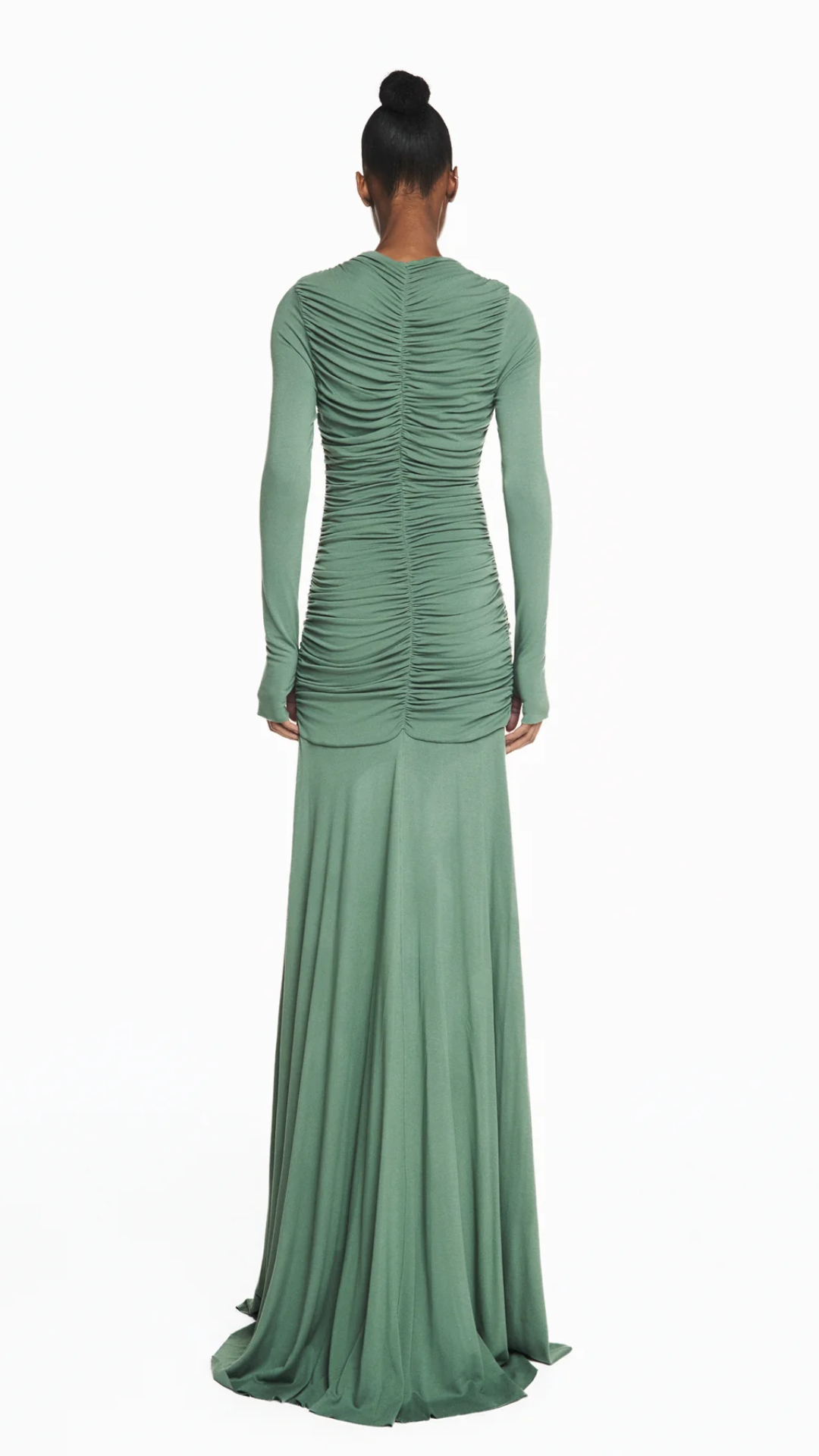 Vestido Longo Corpo Drapeado Manga Longa Malha Verde