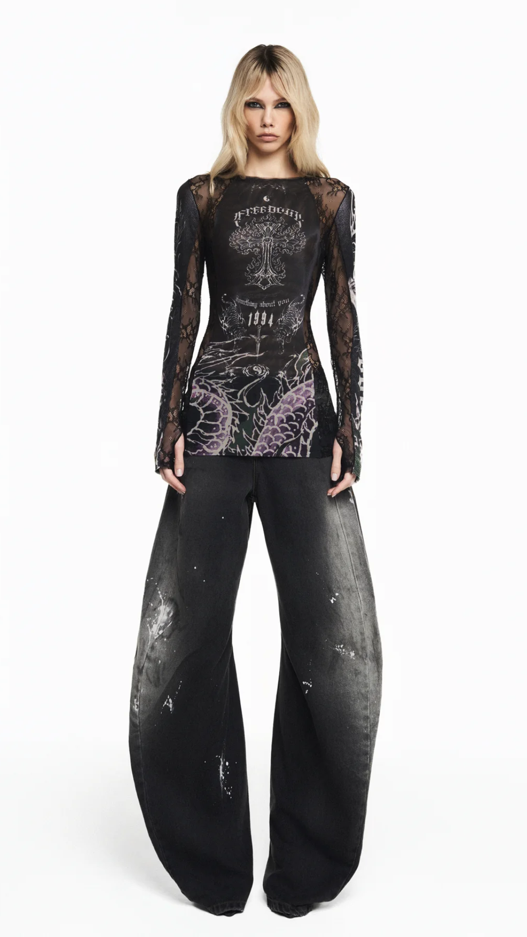 Blusa Manga Longa Tule e Renda Tattoo Dragão
