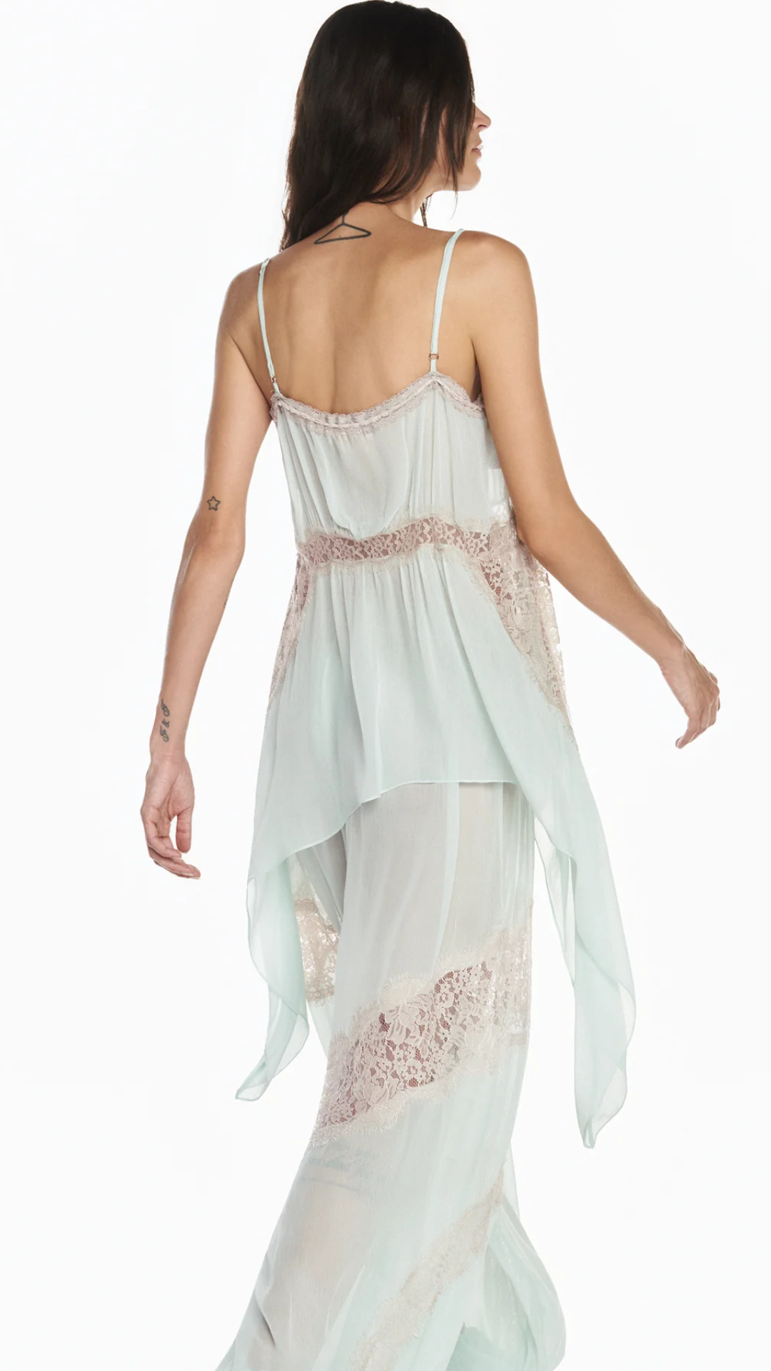 Blusa com Alça Chiffon Verde com Renda Bege