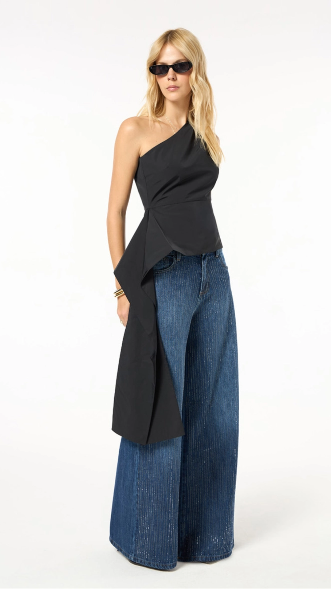 Calça Jeans Wide Leg Strass Azul